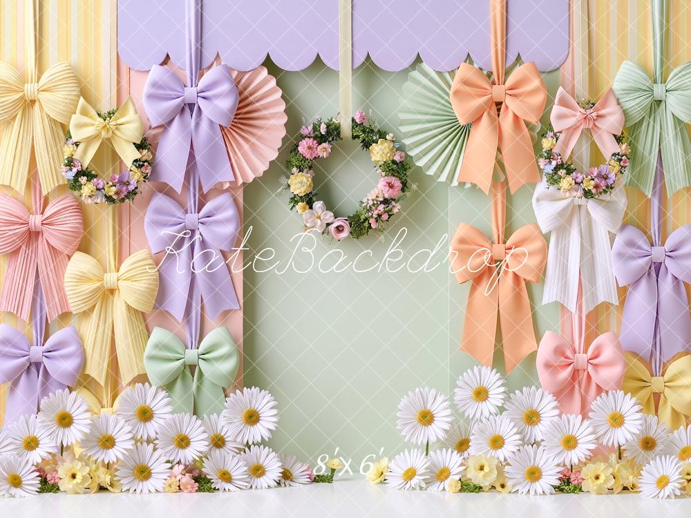 Kate Spring Pastel Bow Ribbons Floral Wreath Printed Backdrop Designed by Angela Miller