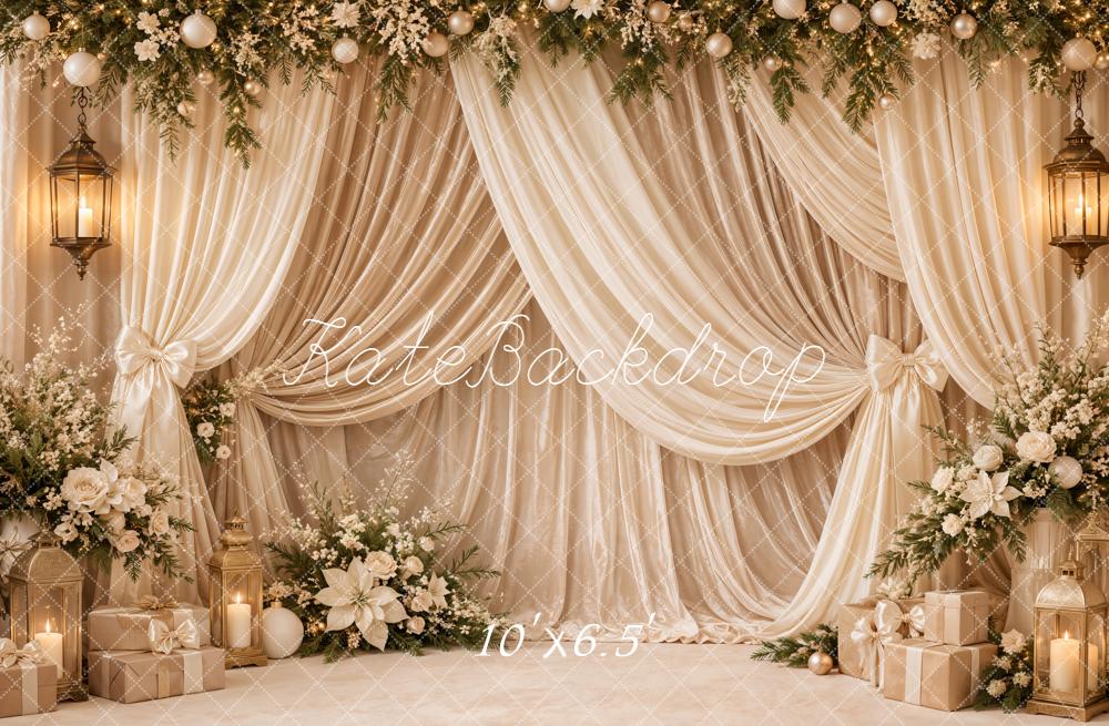Kate Christmas Cream Drapes Garland Lanterns Presents Flowers Printed Backdrop Designed by Emetselch