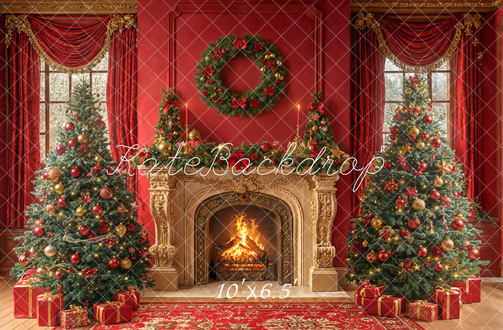 Kate Christmas Trees Vintage Fireplace Wreath Red Curtains Backdrop Designed by Emetselch