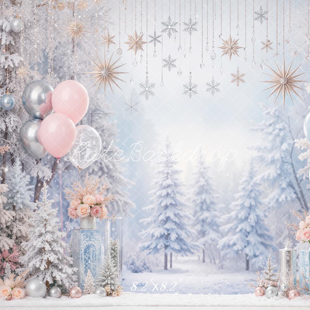 Kate Christmas Snowy Trees Balloons Ornaments Printed Backdrop Designed by Shutter Swan Studios