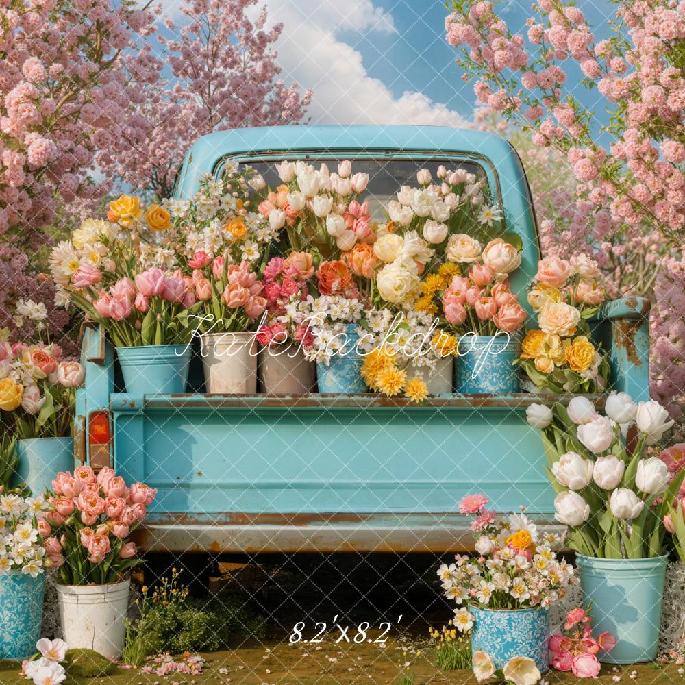 Kate Spring Blue Truck Floral Pink Blossoms Garden Backdrop Designed by Emetselch