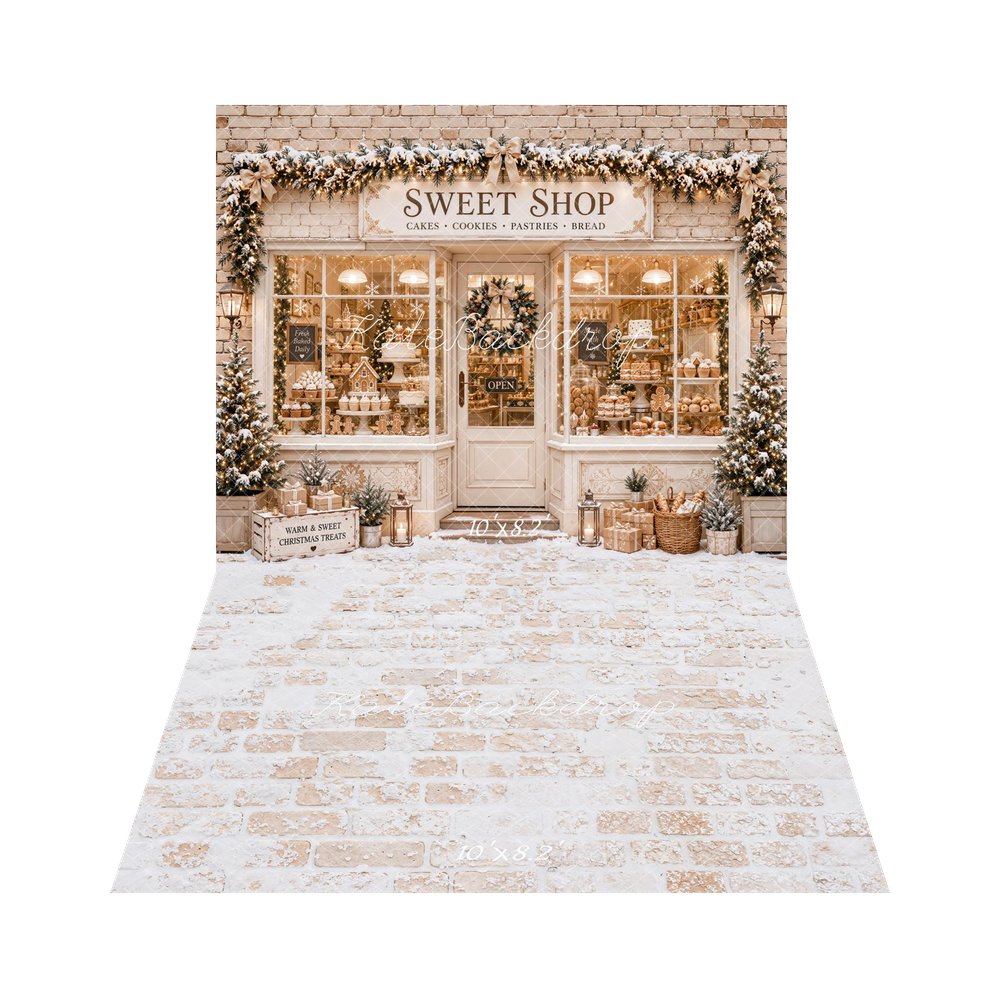 Kate Christmas Sweet Shop Window Display Bakery Gingerbread Snow Garland Presents Printed Backdrop+White Textured Retro Wall Printed Backdrop
