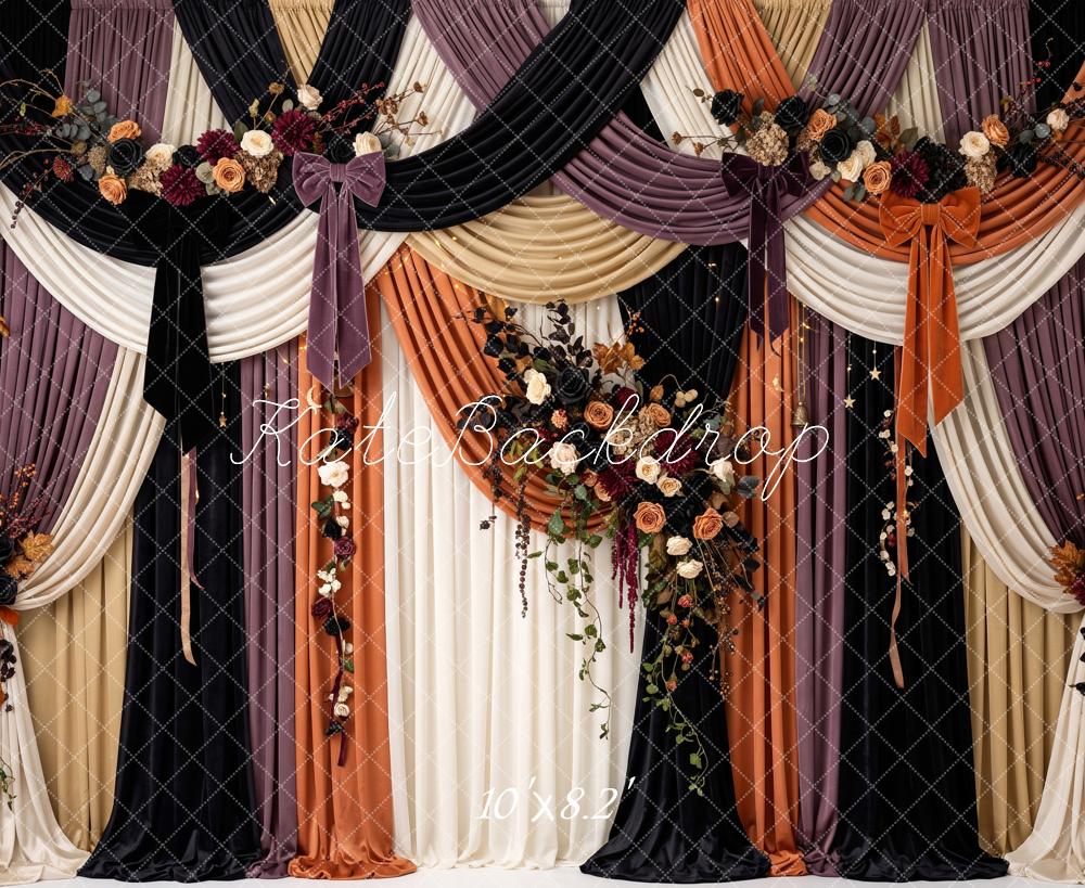 Kate Fall Drapery Floral Swag Black Orange Printed Backdrop Designed by Patty Roberts