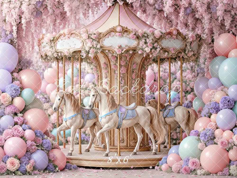Kate Birthday Carousel Floral Balloons Pastel Printed Backdrop Designed by Ashley Paul