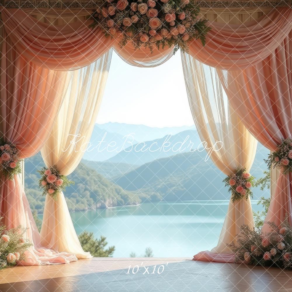 Kate Summer Peach Drapes Floral Arch Lake View Printed Backdrop Designed by Laura Bybee