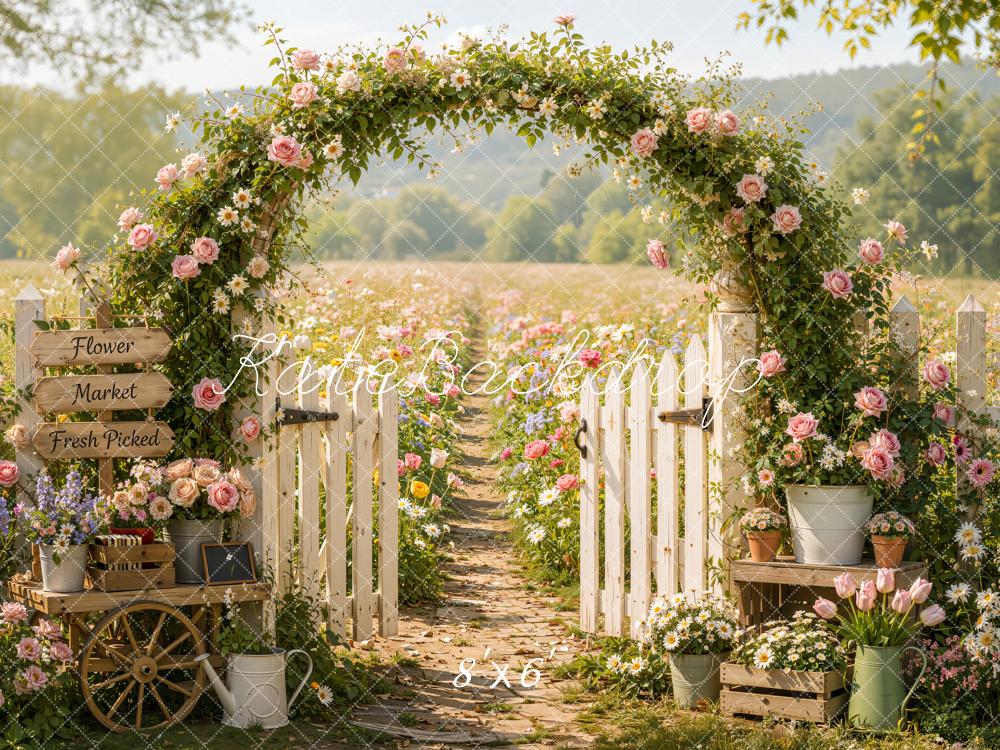 Kate Spring Pink Flower Arch Garden Fence Gate Path Field Printed Backdrop Designed by Emetselch