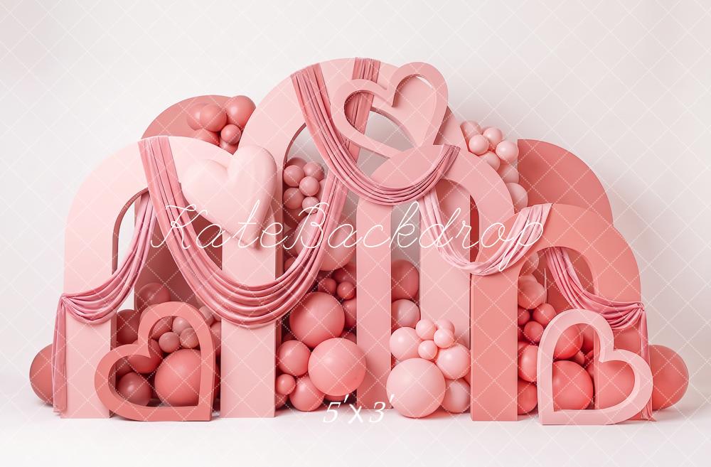 Kate Valentine's Day Pink Heart Balloon Drapery Printed Backdrop Designed by Angela Miller