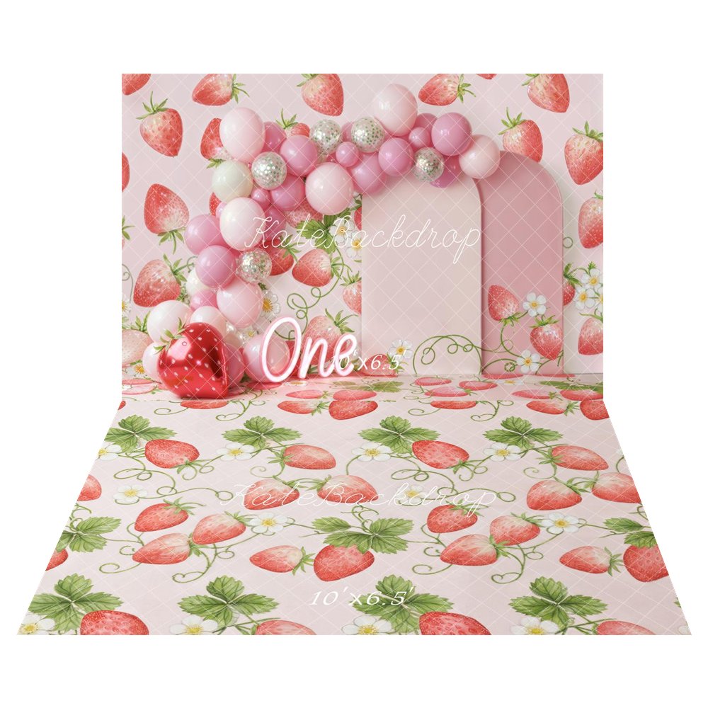 TEST Kate Cake Smash Strawberry Balloon Arch Pink Panels Backdrop+Strawberry Vine Leaves Flowers Pink Backdrop