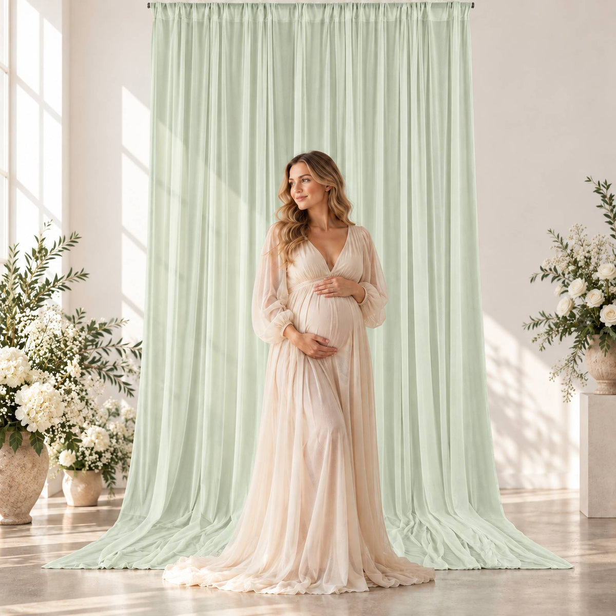 Kate Sage Green 5x15ft Ethereal Soft Veil Drapery – Semi-Sheer Flowing Fabric for Photography & Event Styling