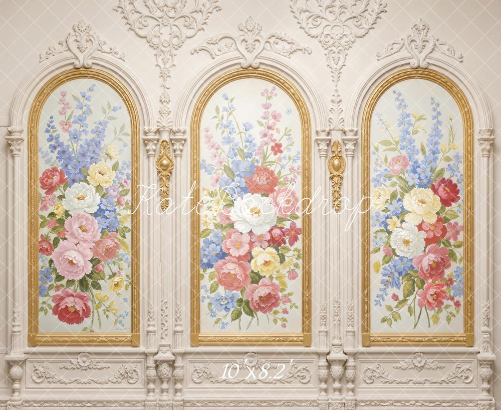 Kate Spring Floral Gold Ornate Arch Vintage Wall Printed Backdrop Designed by Emetselch