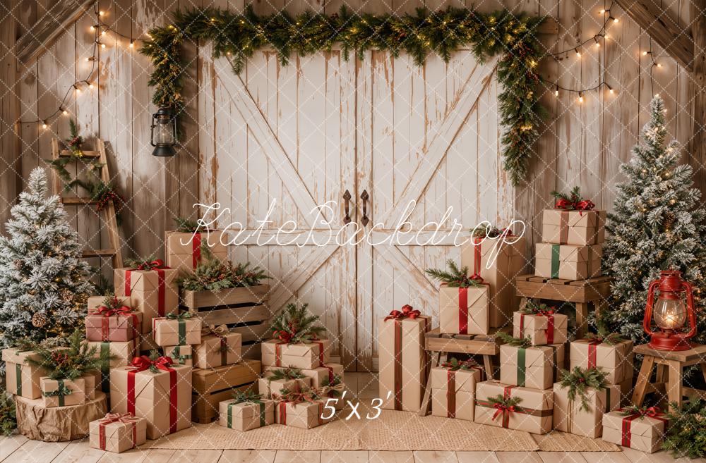 Kate Christmas Rustic White Barn Door Trees Gifts Printed Backdrop Designed by Emetselch