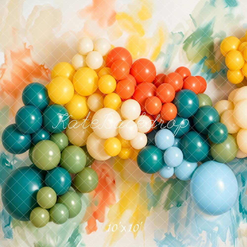 Kate Cake Smash Colorful Balloon Garland Paint Printed Backdrop Designed by Emetselch