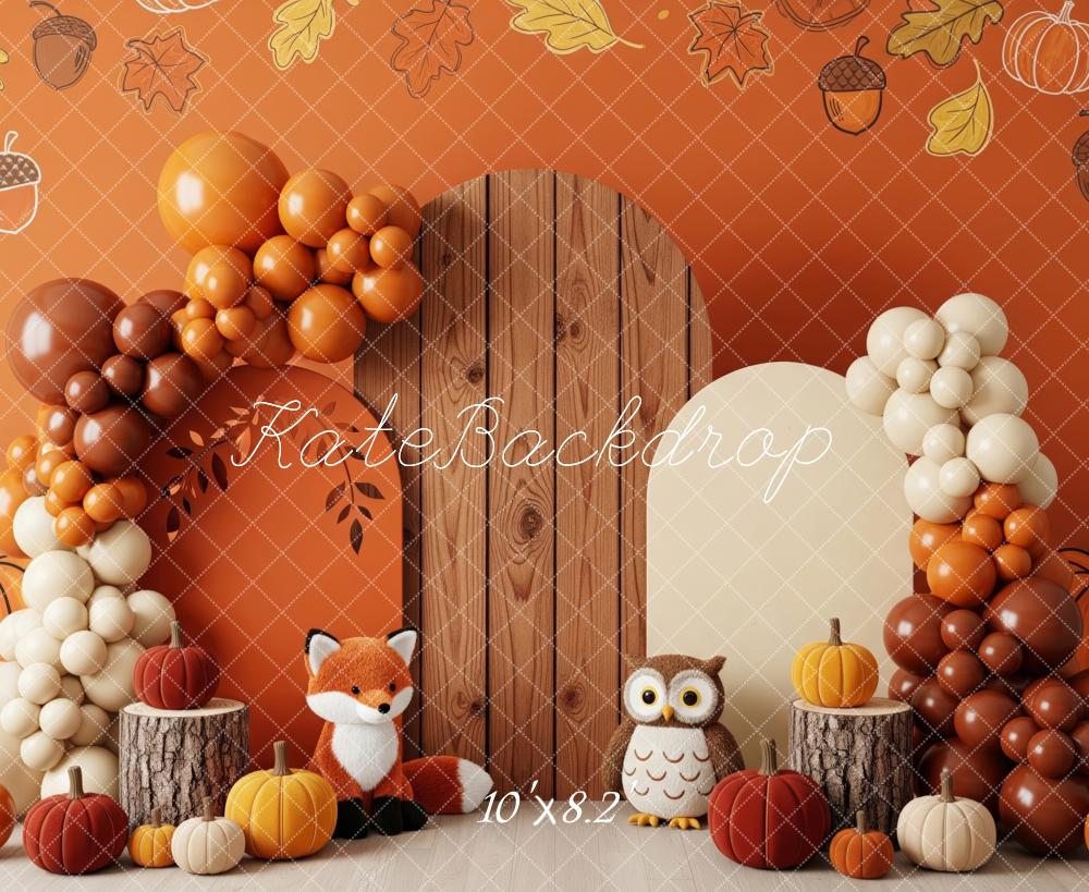 Kate Fall Cake Smash Fox Owl Pumpkin Balloon Arch Backdrop Designed by Patty Roberts