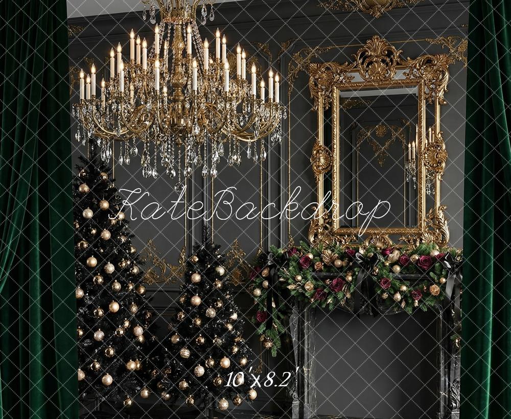 Kate Christmas Trees Luxury Gold Chandelier Garland Mirror Green Curtains Printed Backdrop Designed by Happy Squirrel Design