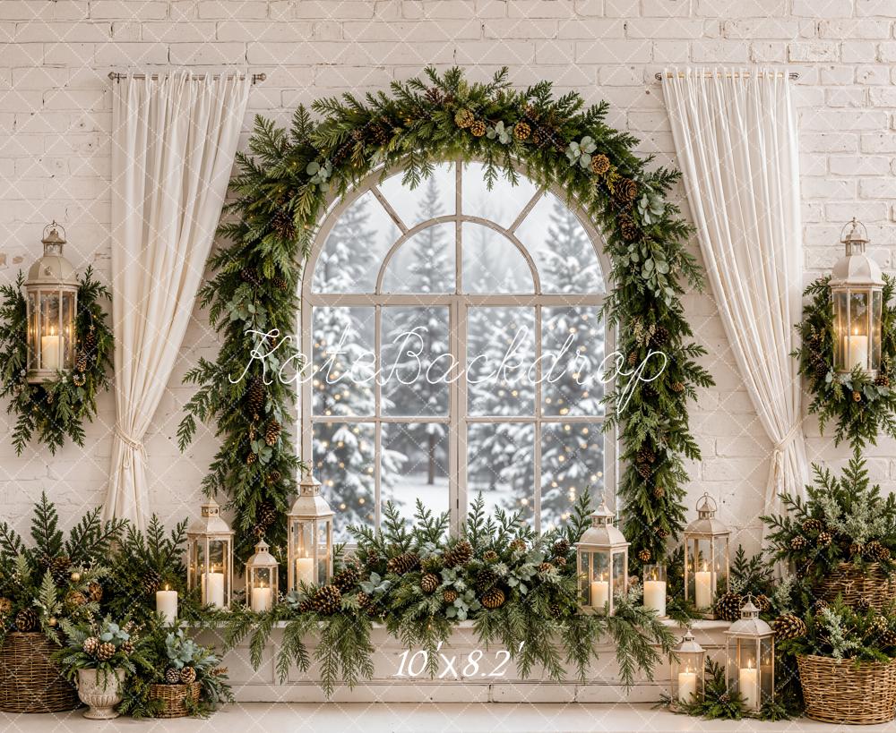 Kate Christmas Evergreen Garland Arched Window Lanterns Printed Backdrop Designed by Emetselch