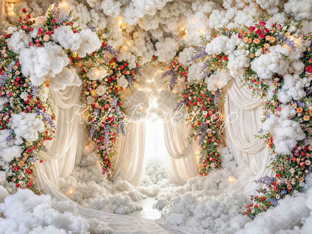 Kate Dream Flower Arch Clouds White Drapes Printed Backdrop Designed by Mini MakeBelieve