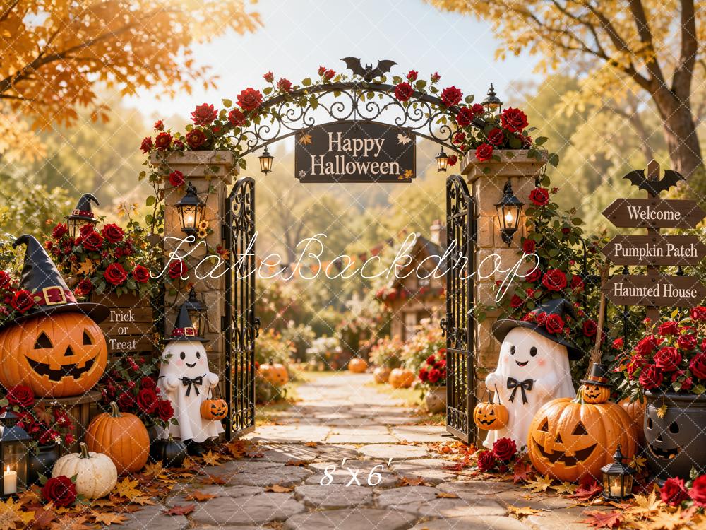 Kate Halloween Rose Garden Gate Ghosts Pumpkin Lanterns Printed Backdrop Designed by Emetselch