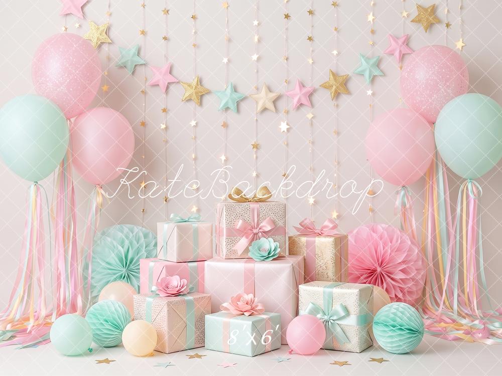 Kate Cake Smash Pastel Balloons Gift Stars Paper Fans Printed Backdrop Designed by Angela Miller