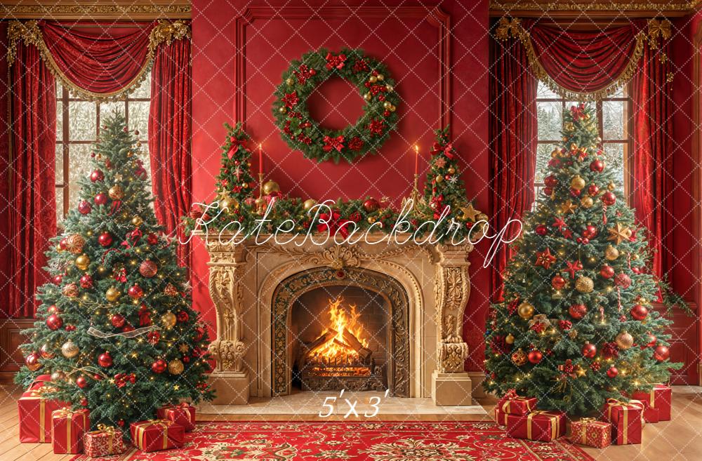 Kate Christmas Trees Vintage Fireplace Wreath Red Curtains Backdrop Designed by Emetselch