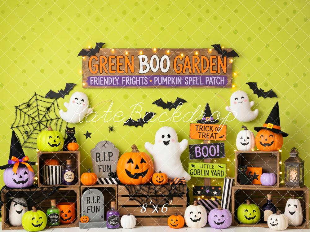 Kate Halloween Trick Or Treat Green Ghost Pumpkin Display Printed Backdrop Designed by Patty Roberts