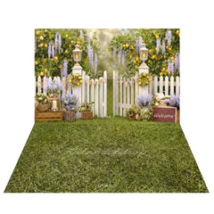 Kate Lemon Tree White Picket Fence Lantern Flowers Printed Backdrop+Spring Green Grass Floor Printed Backdrop