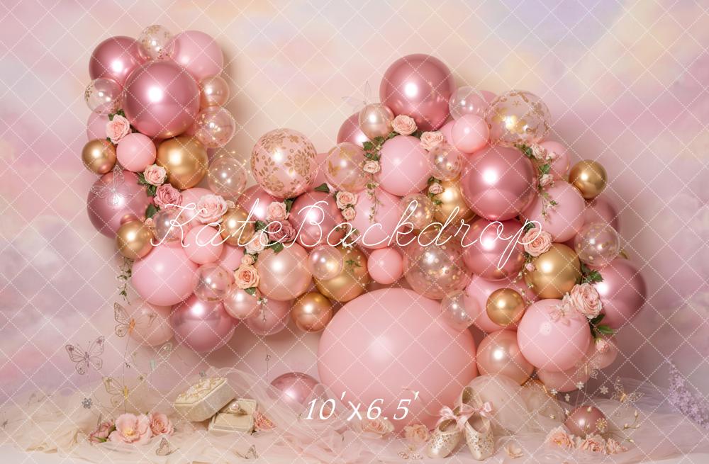 Kate Cake Smash Pink Balloon Arch Rose Gold Floral Printed Backdrop Designed by Emetselch