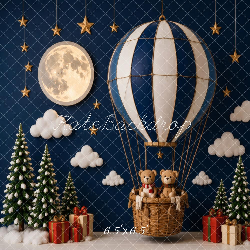 Kate Christmas Hot Air Balloon Full Moon Teddy Bear Printed Backdrop Designed by Vertigo Productions