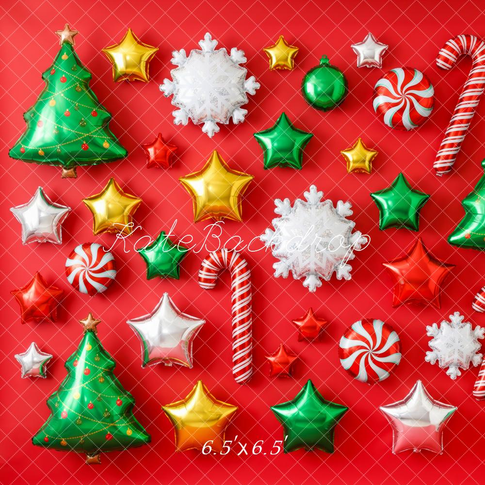 Kate Christmas Balloons Tree Candy Cane Star Snowflake Red Printed Backdrop Printed Backdrop Designed by Patty Roberts