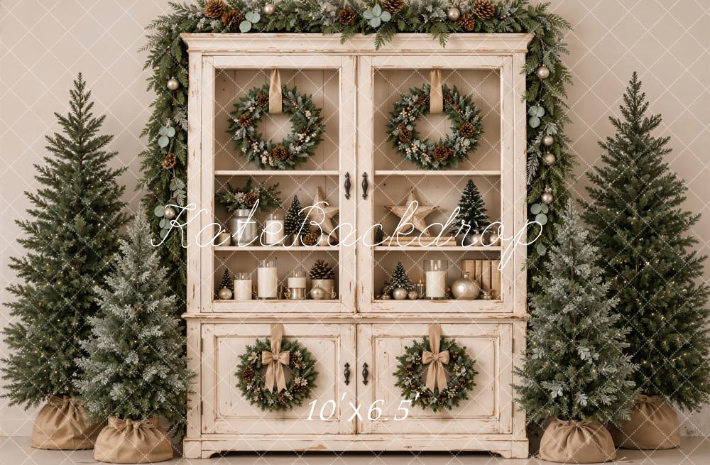 Kate Christmas Vintage Cabinet Wreaths Evergreen Trees Printed Backdrop Designed by Emetselch