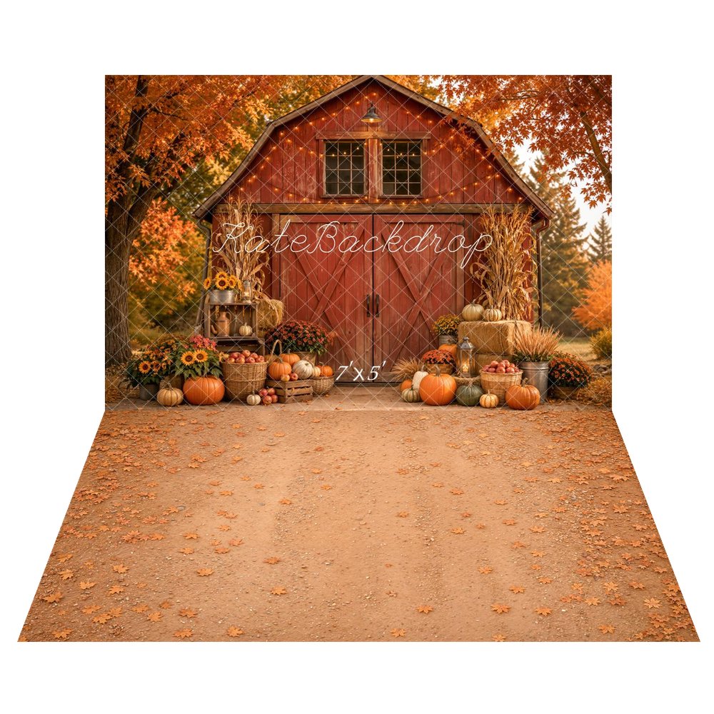 Kate Fall Red Barn Pumpkin Sunflower Cornstalk Apple Lantern Printed Backdrop+Fall Maple Leaves Floor Backdrop Printed Backdrop