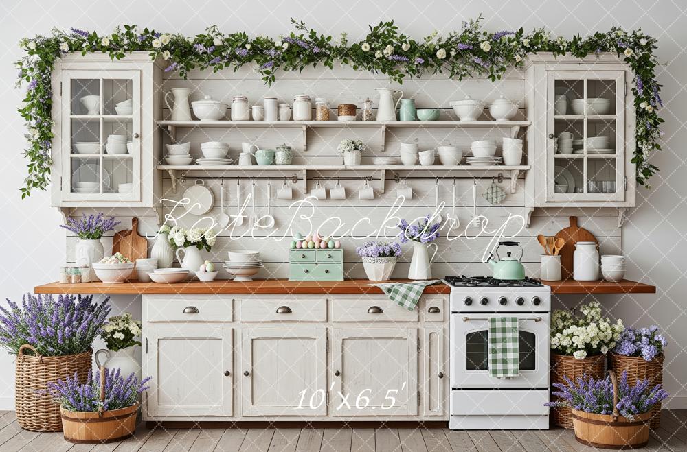 Kate Vintage Kitchen Cabinets Lavender Flowers Backdrop Designed by Patty Roberts