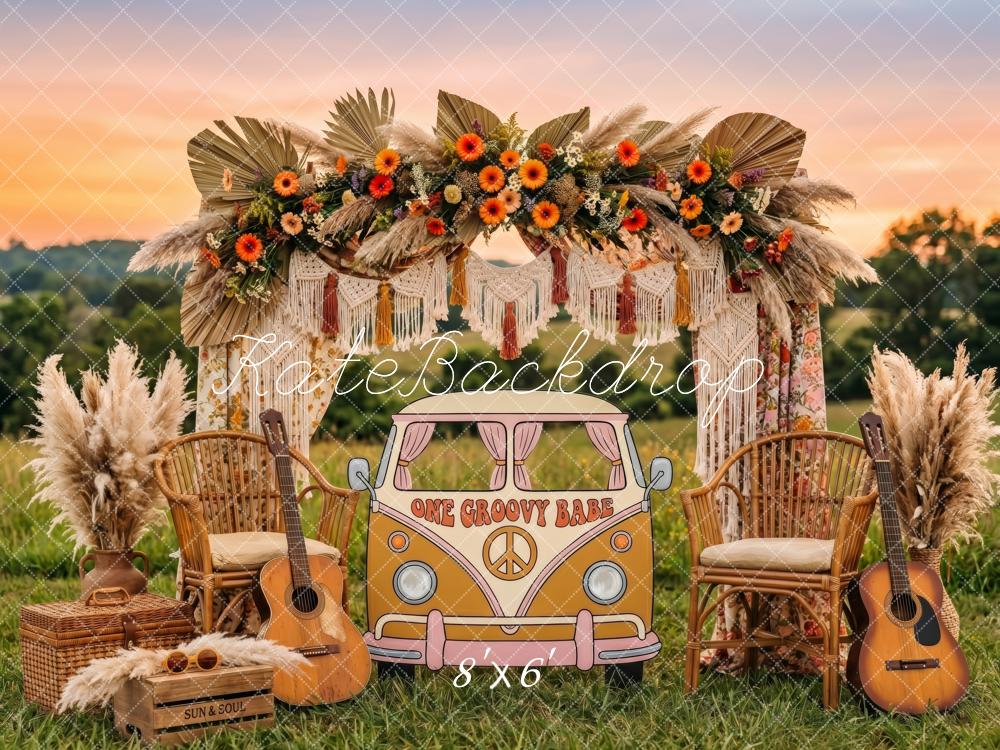 Kate Boho Flower Arch Groovy Truck Field Guitar Printed Backdrop Designed by Patty Roberts