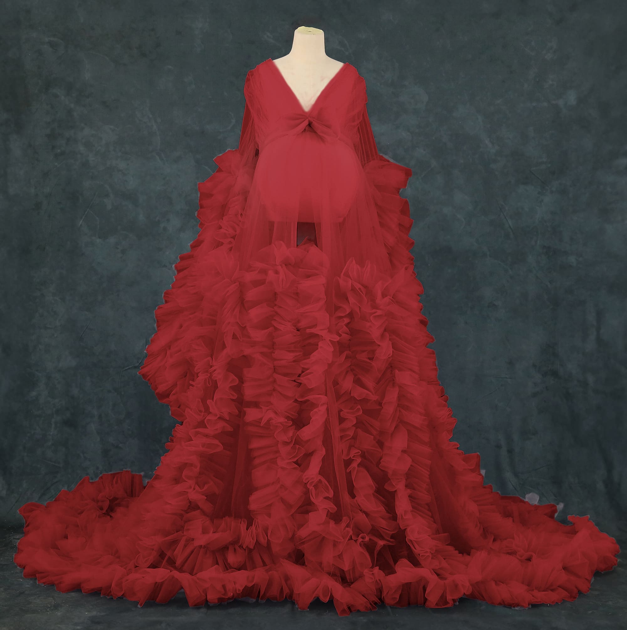 Kate Mesh V-neck Long Sleeve Pleated Custom Maternity Photoshoot Gowns