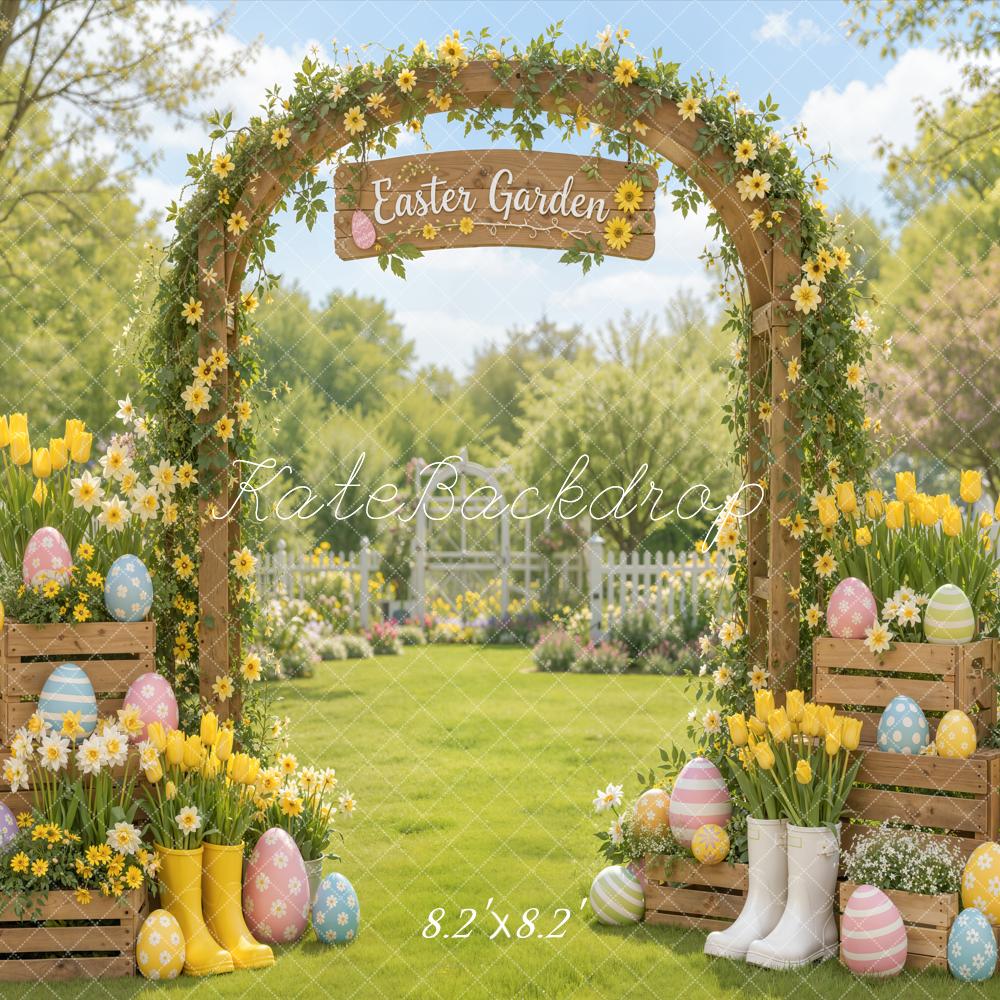 Kate Easter Garden Flower Arch Eggs Rain Boots Tulips Printed Backdrop Designed by Emetselch
