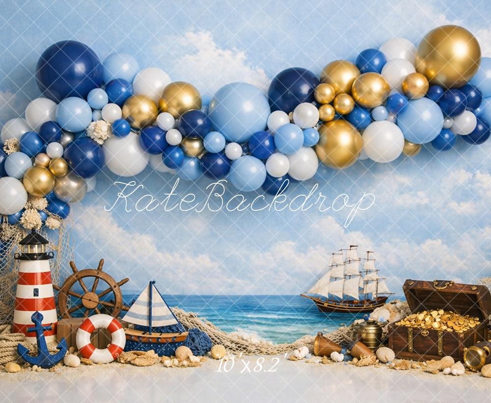 Kate Nautical Balloons Pirate Ship Treasure Lighthouse Printed Backdrop Designed by Caitlin Lynch