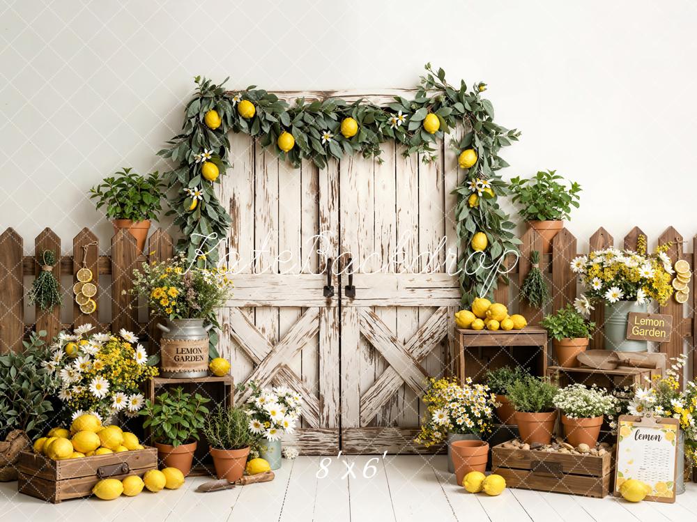 Kate Summer Lemon Garden Flowers Rustic Fence Barn Door Printed Backdrop Designed by Emetselch