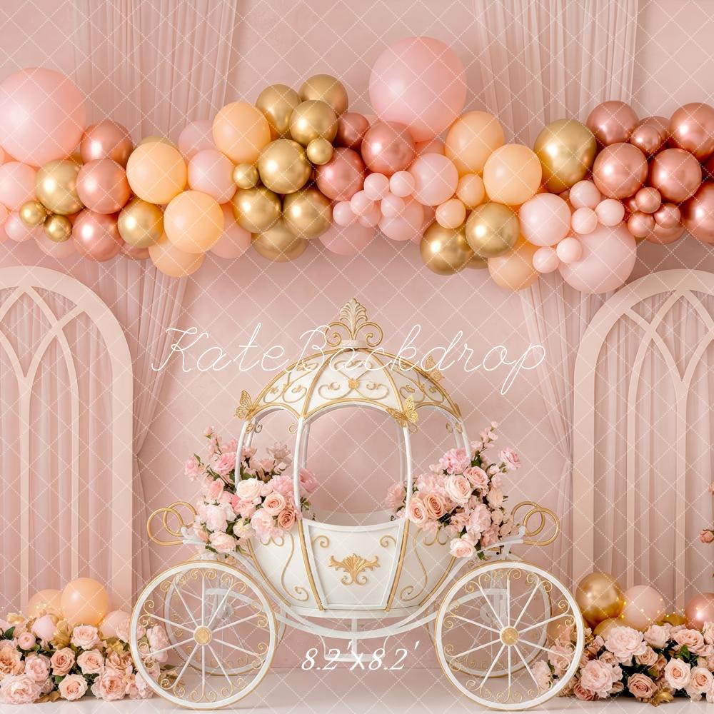 Kate Fairy Fantasy Carriage Pink Gold Balloons Floral Arch Printed Backdrop Designed by Patty Roberts