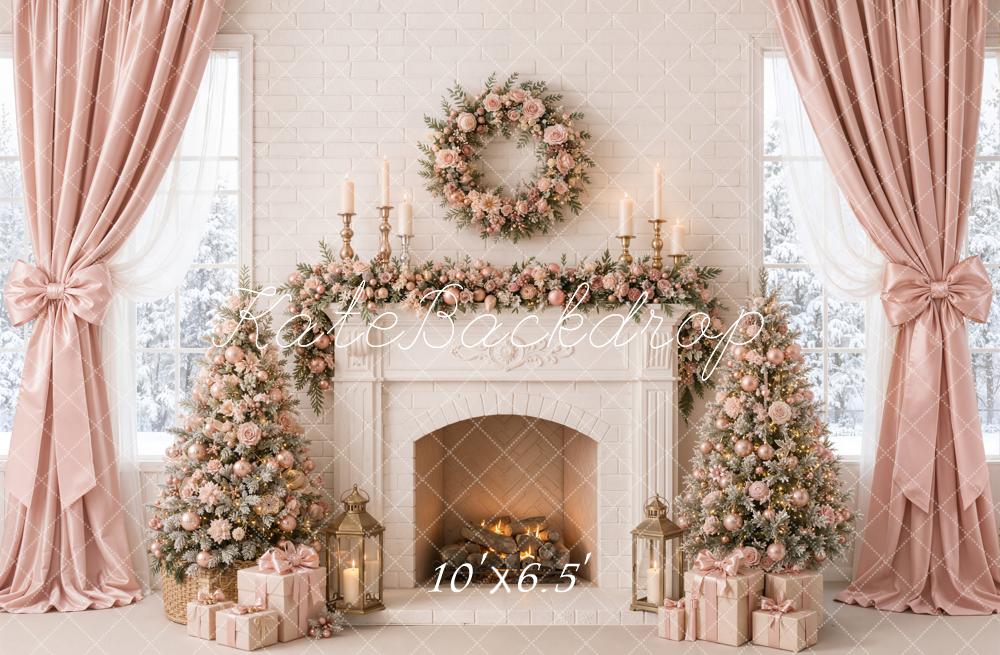 Kate Christmas Tree Pink Curtains Floral Fireplace Wreath Printed Backdrop Designed by Emetselch