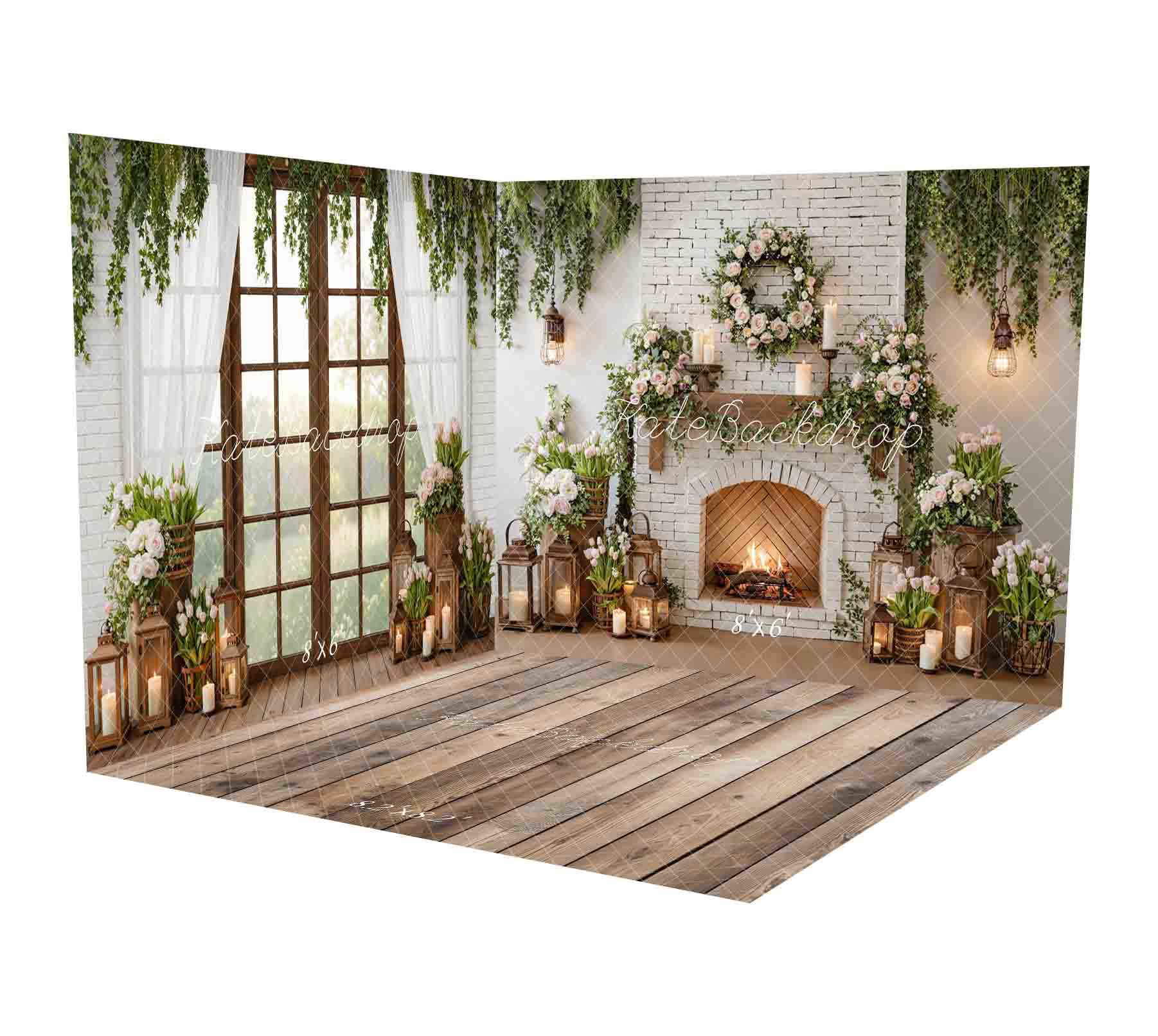Kate White Brick Fireplace Floral Lanterns Backdrop Room Set