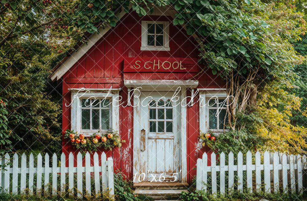 Kate Back to School White Fence Red Cottage Backdrop Designed by Emetselch