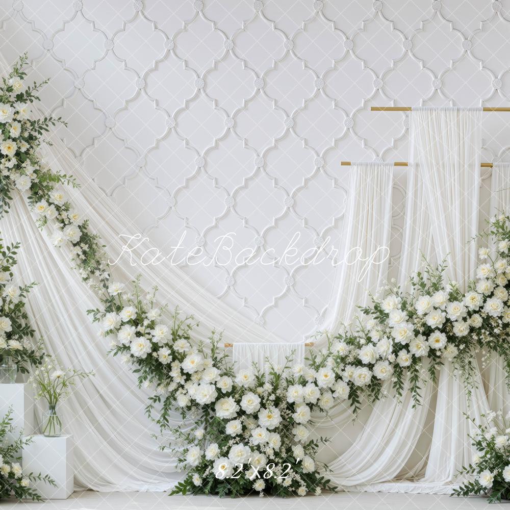 Kate Spring Elegant White Flower Arch Drapes Printed Backdrop Designed by Mini MakeBelieve