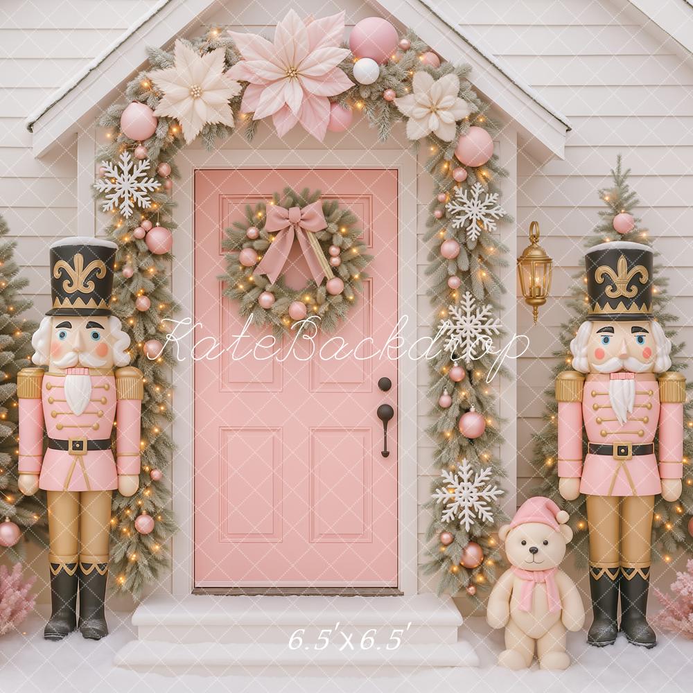 Kate Christmas Nutcracker Pink Door Wreath Trees Teddy Bear Backdrop Designed by Ashley Paul