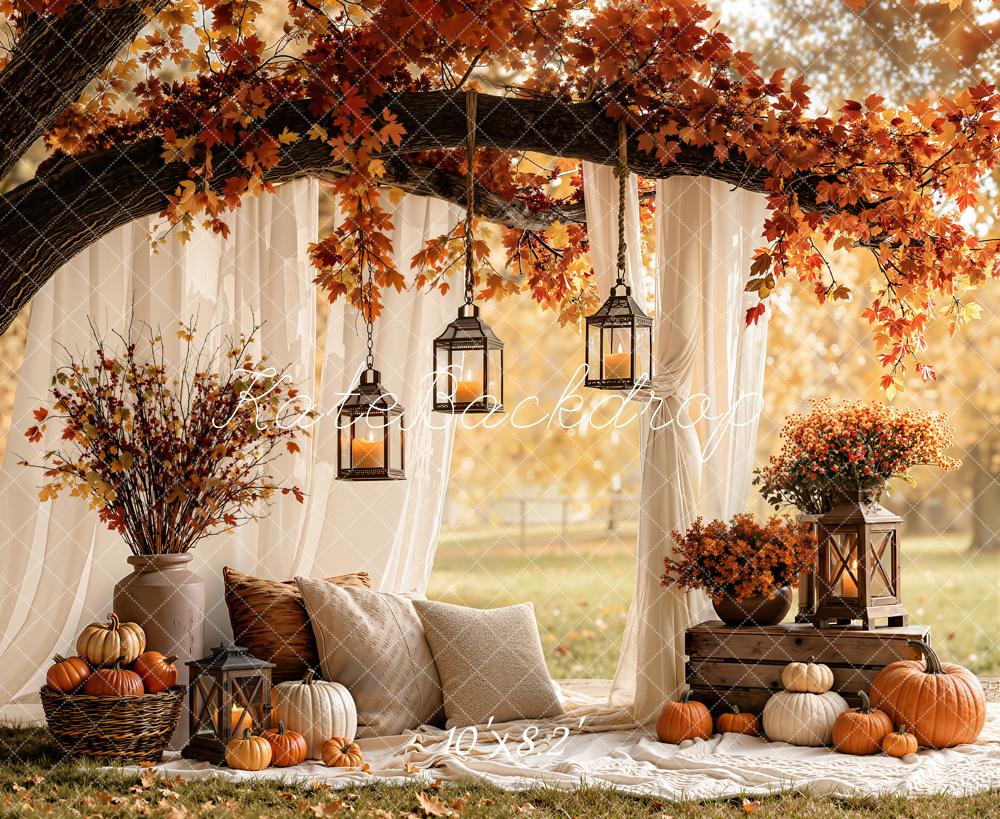 Kate Fall Branch Arch White Drapes Pumpkins Lanterns Cozy Printed Backdrop Designed by Emetselch