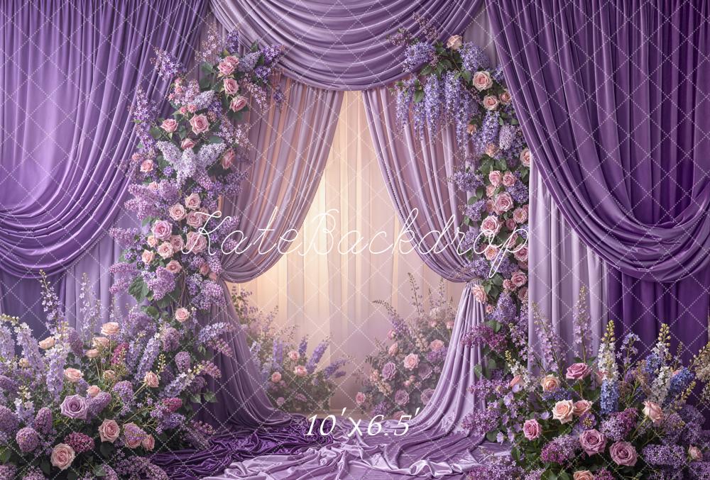 Kate Spring Purple Drapes Flower Arch Printed Backdrop Designed by Emetselch