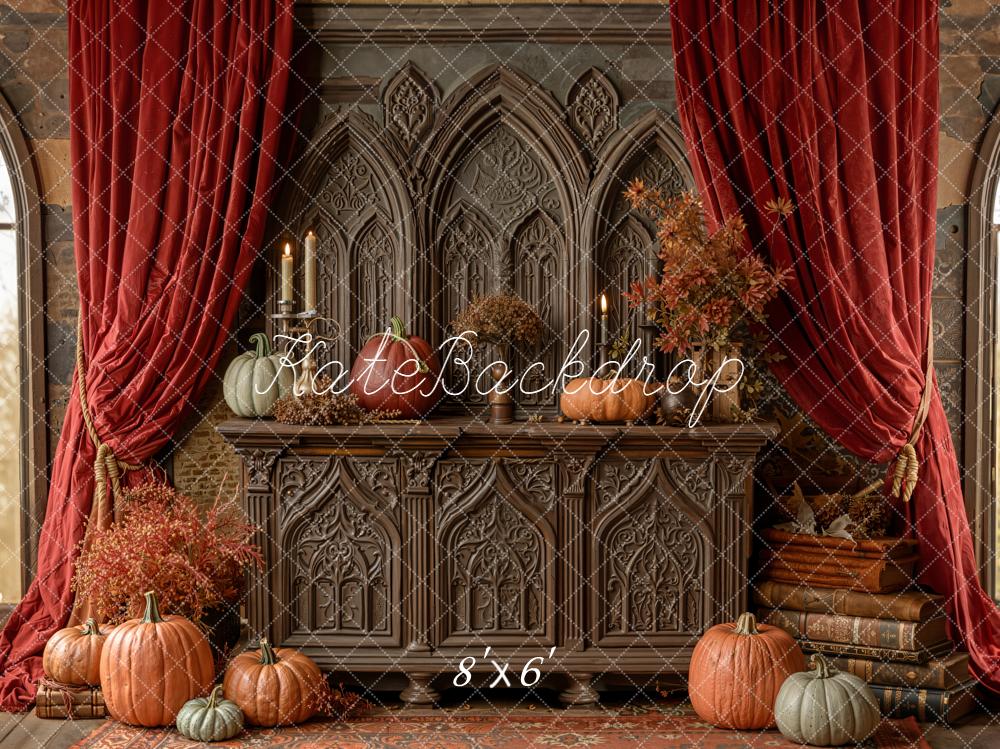Kate Fall Gothic Cabinet Pumpkins Red Drapes Backdrop Designed by Emetselch