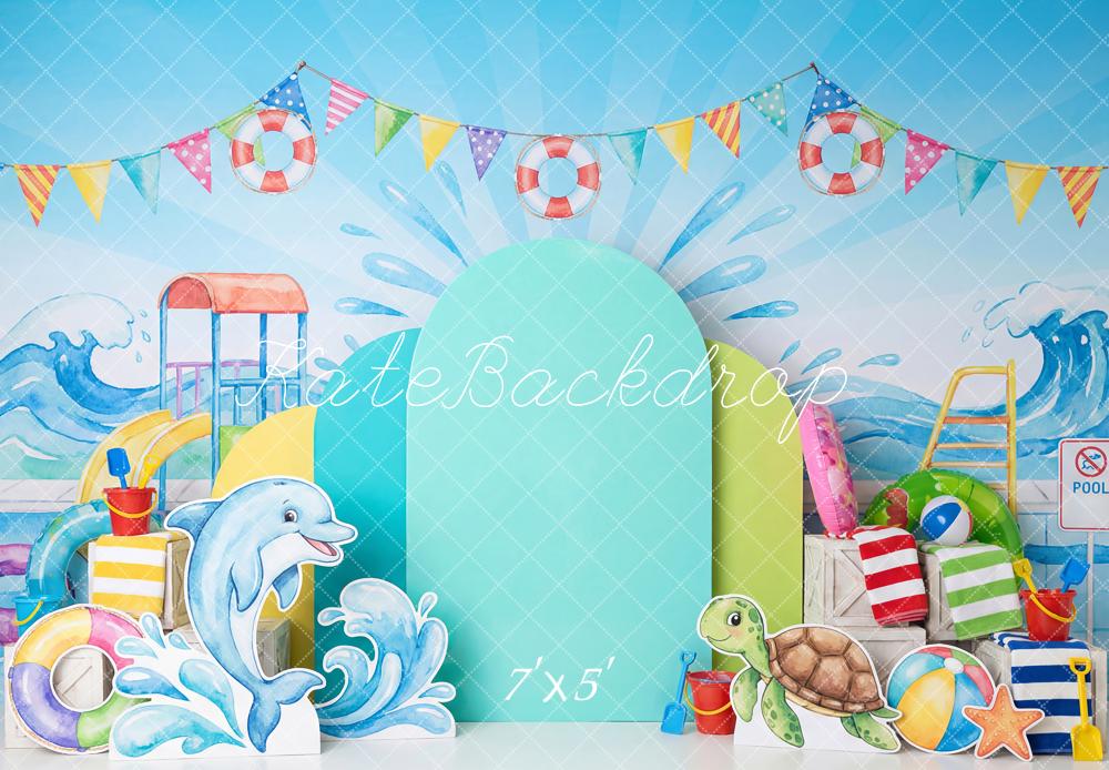 Kate Summer Pool Party Dolphin Turtle Waves Slide Printed Backdrop Designed by Patty Roberts