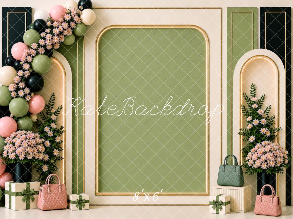 Kate Birthday Luxury Sage Green Pink Floral Balloon Arch Gold Frame Handbag Printed Backdrop Designed by Shutter Swan Studios