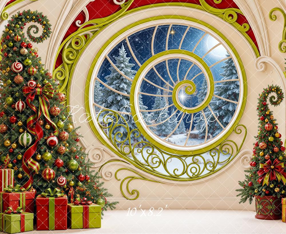 Kate Christmas Elf Spiral Window Decorated Trees Gifts Printed Backdrop Designed by Shutter Swan Studios