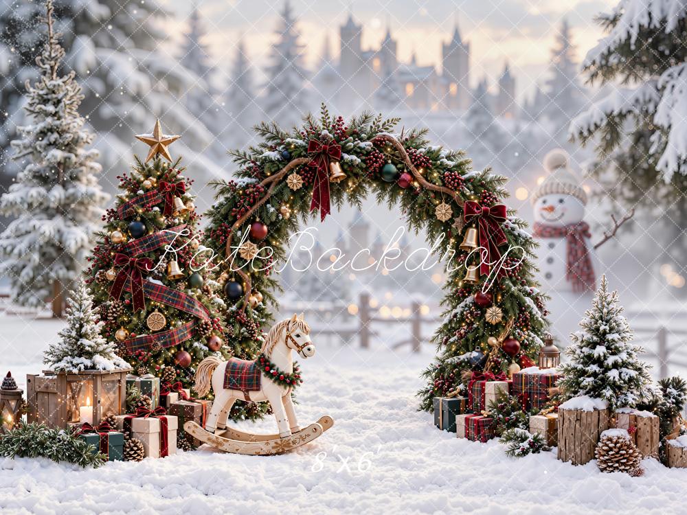 Kate Christmas Pine Arch Plaid Tree Rocking Horse Snowy Village Printed Backdrop Designed by Emetselch