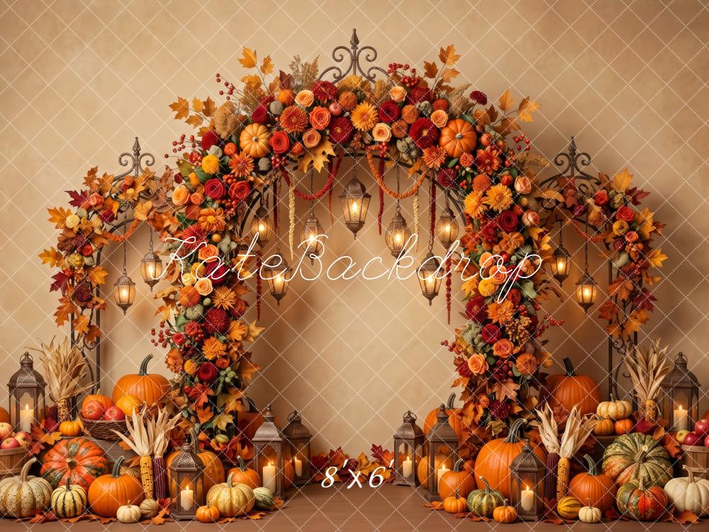 Kate Fall Flower Arch Pumpkins Hanging Lanterns Printed Backdrop Designed by Patty Roberts